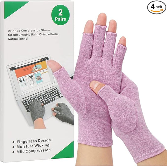 2-Pair Arthritis Compression Gloves for Alleviate Rheumatoid Osteoarthritis, Carpal Tunnel Raynauds Disease, Fingerless Design Breathable & Moisture, Women and Men (Purple, Large)