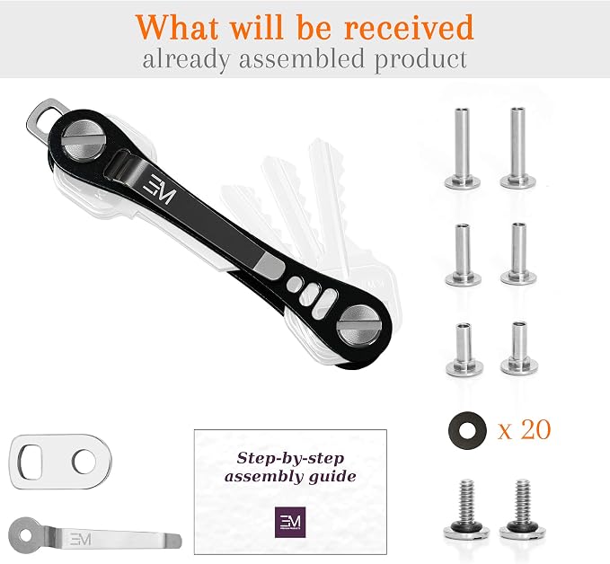 EM Compact Key Holder, Pocket Key Organizer, 14 Keys Key Bar | Fits 4.6 mm or larger keyholes only. Small hole keys like mailbox keys may not fit. Anti jingle, removable clip