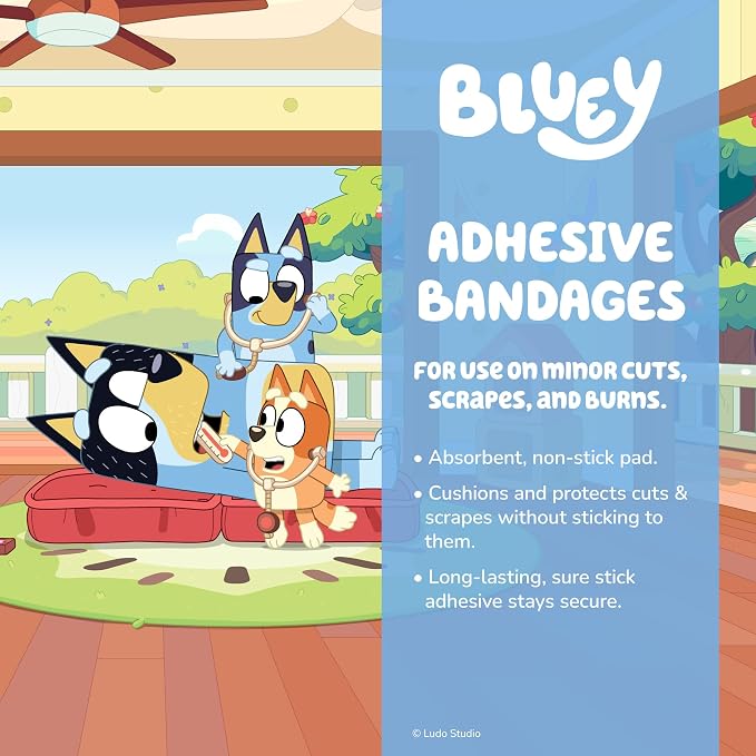 Dr. Bluey Kids Bandages, 3 Assorted Sizes 100 CT | Wear Like Stickers, Flexible Adhesive Bandages for Minor Cuts, Scrapes, and Burns. Great Gift idea for Kids