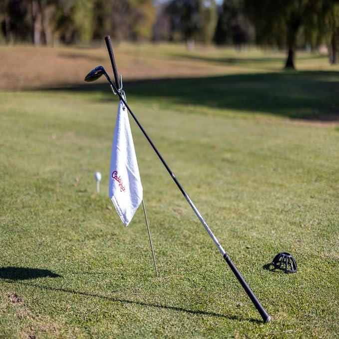 Golf Club Stand Silver/Grey Grip & Accessories | Designed to Minimize Bending on the Course | Multi-Club Holder, Ball Pick-Up Cap, Towel, Carabiner & Marker | Made in USA