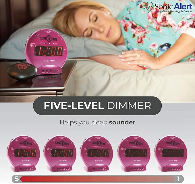 Sonic Alert Sonic Bomb Dual Alarm Clock with Bed Shaker, Pink Vibrating Alarm Clock for Heavy Sleepers, Battery Backup | Wake with a Shake