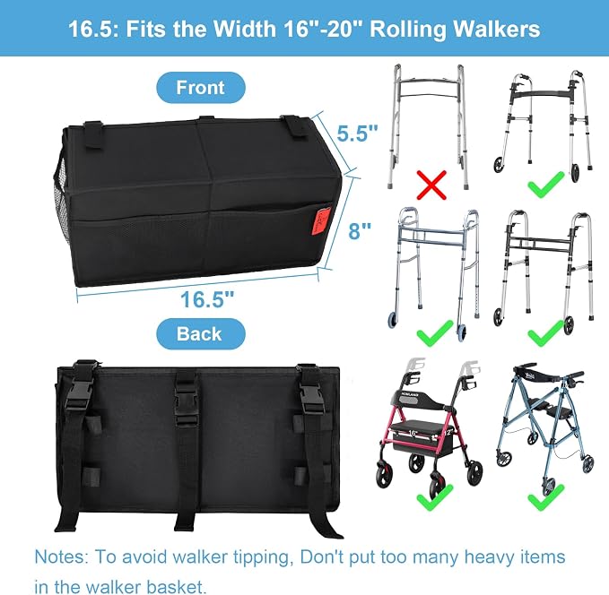 Walker Basket for Width 16"-20" Folding Walkers/Rollators, Large Capacity Walker Storage Baskets with Cup Holder, Lid & Multiple Pocket, Easy to Use Walker Tote Bag for Seniors, Black.