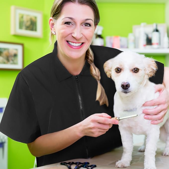 MCEAST 2 Pack Black Pet Groomer Uniforms with Full Zipper Water Resistant and Anti-Static Pet Smock Clothes for Women Men, XX-Large