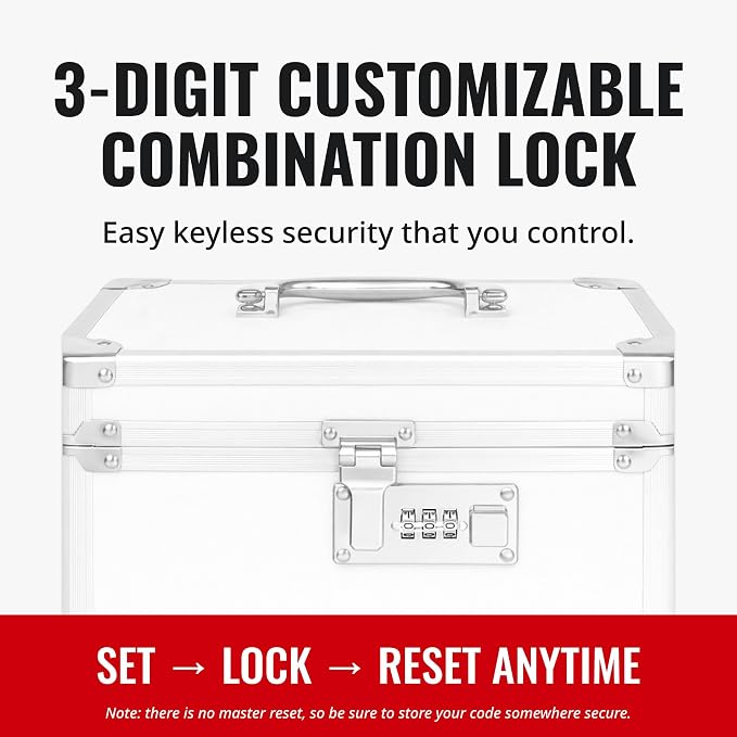 Vaultz Combination Lock Box - 7.25 x 10 x 7.75 Inch Safe Boxes for Money, Documents & Medicine - White
