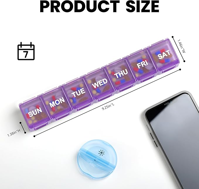 Sukuos Extra Large Weekly Pill Organizer, 7 Day Daily Pill Box Case Arthritis Friendly, Silkscreen Printed Medicine Container with Clear Lid for Vitamins, Fish Oils or Supplements (Purple)