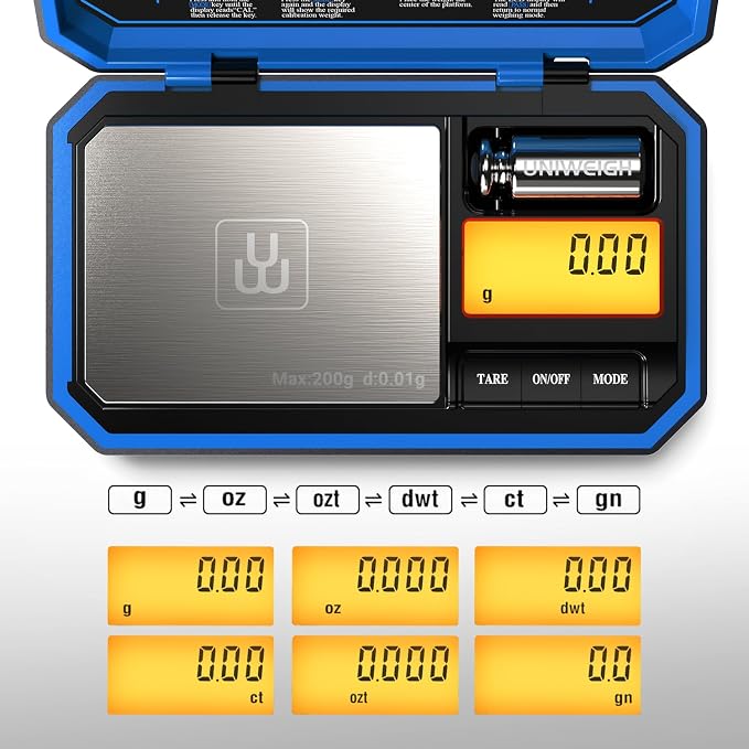 UNIWEIGH Digital Pocket Scale 200g/0.01g, Digital Gram Scale, Mini Jewelry Scales Digital Weight Grams with 50g Cal Weights for Food,Jewelry,Coins,Small Items,Coffee (Battery Included)-Blue