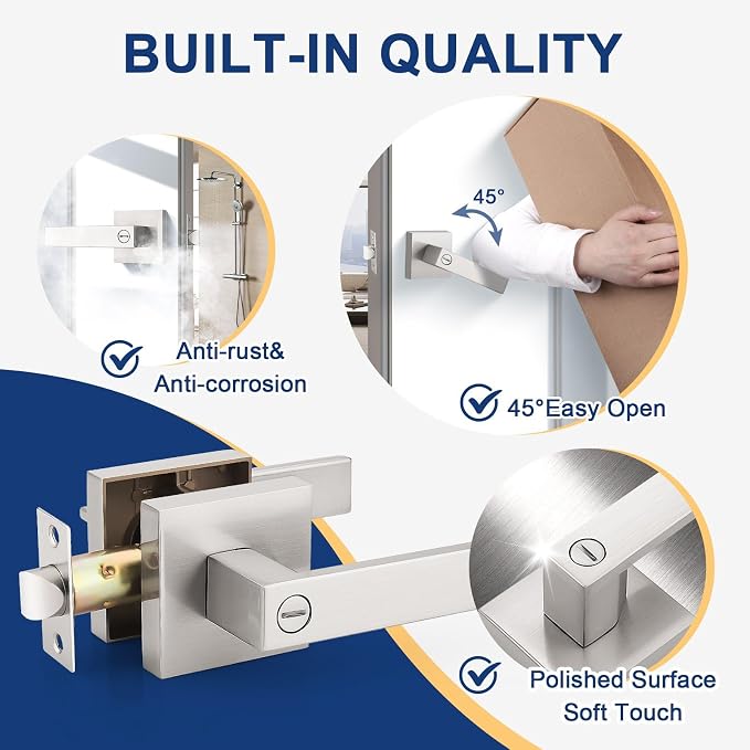 KNOBWELL 8 Pack Satin Nickel Door Knob with Lever, Interior Door Handle with Lock Privacy Function for Bed and Bath, Heavy Duty Square Door Handle(No Key)