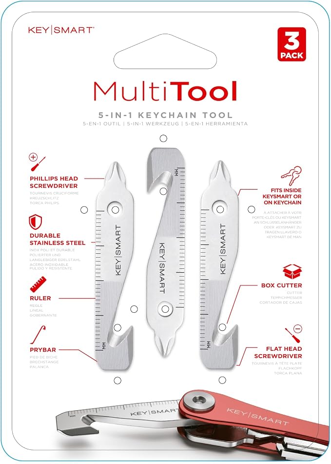 KeySmart Key Chain MultiTool - 5-in-1 Multi Purpose Keychain Tool with Box Opener, Ruler, Pry Bar, Phillips & Flat Head Screwdriver - EDC Gadgets, Gear & Mini Multi-Tool for Men -3-Pack