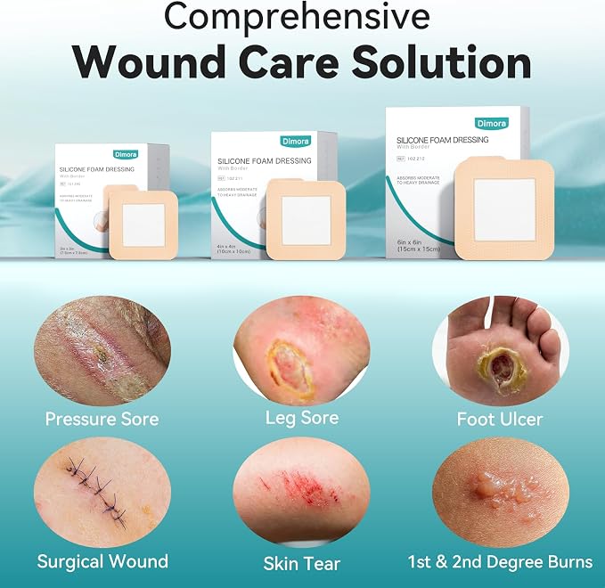 Dimora Silicone Foam Dressing with Border Adhesive 3"x3" Waterproof Wound Dressing First Aid Bandage for Wound Care 10 Pack
