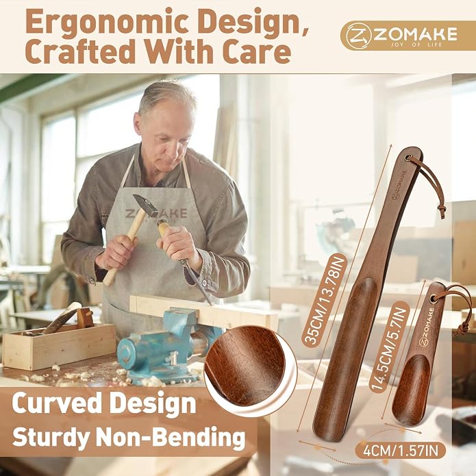ZOMAKE Wooden Shoe Horn Long Handle for Men Women 15.7" 13.8" | Long Shoehorn Boot Horn for Seniors, Sturdy Wooden, Shoes Protection, No Bend Over, Easy Shoe Wear for Home Office Use