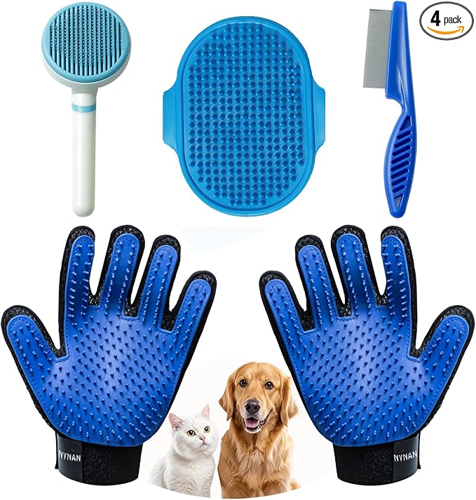 NVNAN 5-Piece Dog Grooming Brush Set with Grooming Gloves | Includes deshedding comb, shampoo brush, and pet hair removal tools for shedding, bathing, and brushing