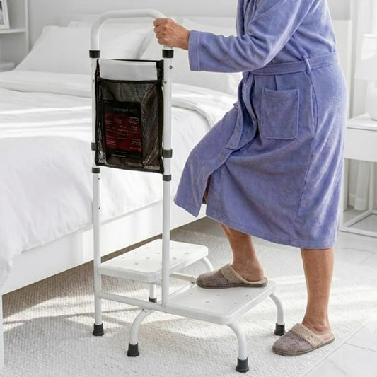 Two Step Stool with Handle for Elderly, 350 lbs Capacity, Heavy Duty Rv Steps with handrail Bed Step for High Beds, Adjustable 5-Level Handrail, for Grandpa