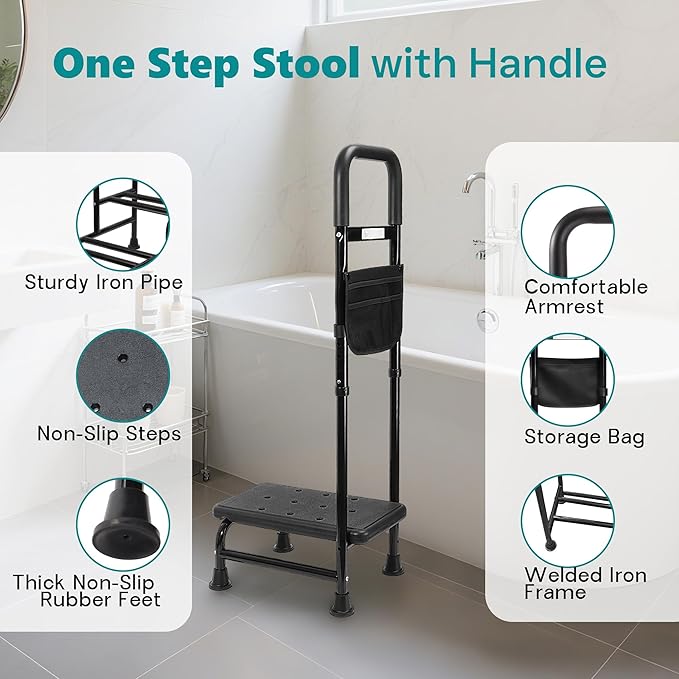 Step Stool with Handle – One Step Foot Stool for Adults, Non-Skid Bed Steps for High Beds, Adjustable Handrail with Night Light & Storage Bag, Safe Step Stool for Seniors & Elderly
