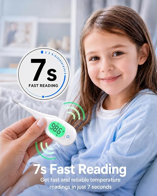 Femometer 7 Seconds Digital Thermometer for Adults and Kids | Large Screen, 3-Color Backlight, Fever Alarm, for Oral Rectal Underarm Bath Use, 10 Memory Recall, Water Resistant