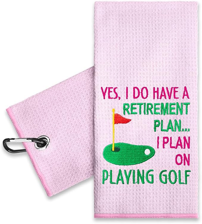 ERHACHAIJIA Yes I'd Have A Retirement Plan Embroidered Golf Towel with Clip. Funny Golf Accessories Gifts for Women Golfer Grandma Mom Aunty, Retirement (Pink)