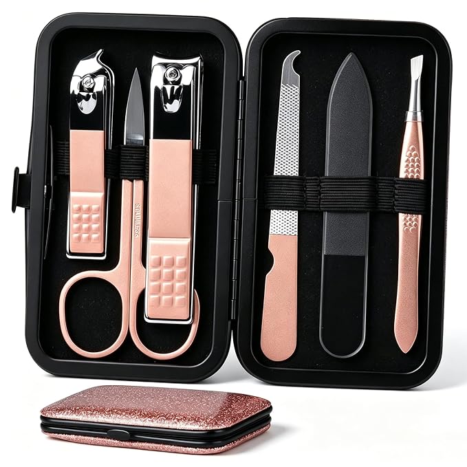 HANTEKAS Manicure Set Nail Clippers Kit 6 Pieces in 1 Stainless Steel Professional Grooming Nail Care Tools Including Nano Glass Nail Shiner Buffer File Gift for Men Husband Boyfriend Parents Women