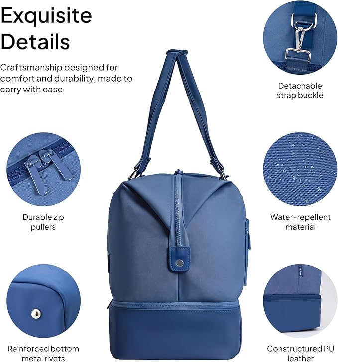 Travel Duffle Bag for Women, 40L Weekender Bags Airline Approved Carry On with Shoe Compartment & Waterproof Wet Pocket, Durable Nylon Weekender Overnight Bag for Travel, Gym, Business Trip, Blue