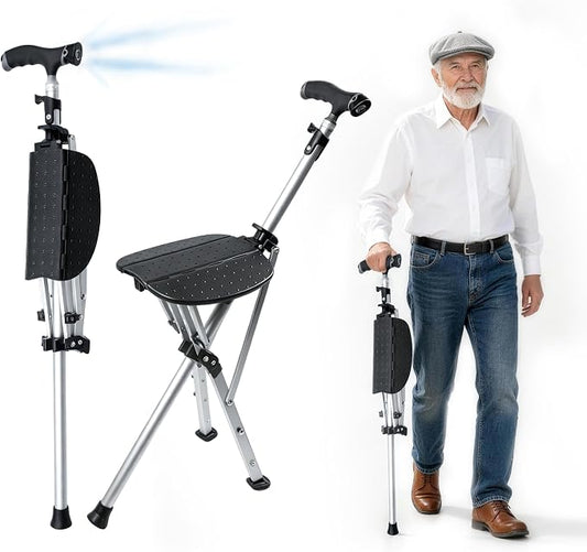 Cane with Seat Folding Lightweight, Walking Cane Stick with Seat for Seniors, Chair Cane with LED Light, Aluminum, Anti-Slip