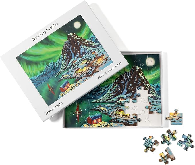 Large Piece Jigsaw Puzzle – Easy & Colorful, Dementia & Memory Activities for Seniors, Elderly Gifts, 48 Pieces, Aurora Night