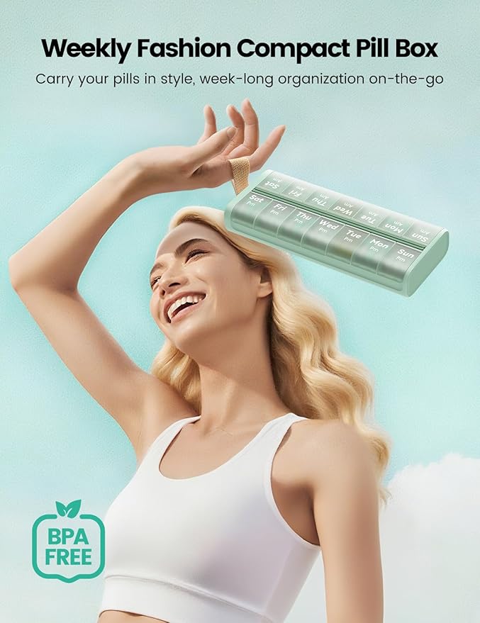 Weekly AM PM Pill Organizer 7 Day, Large 2 Times a Day Pill Box Case with Carry Handle, Moisture-Proof Desiccant & Secure Easy-Open Lids for Vitamins and Supplements