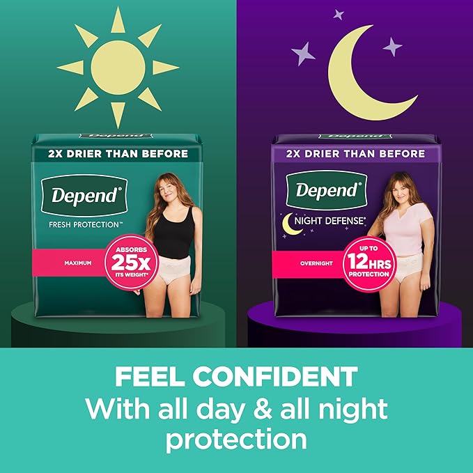 Depend Night Defense Adult Diapers, Incontinence & Postpartum Bladder Leak Underwear for Women, Disposable, Overnight, Large, Blush, 72 Count, Packaging May Vary