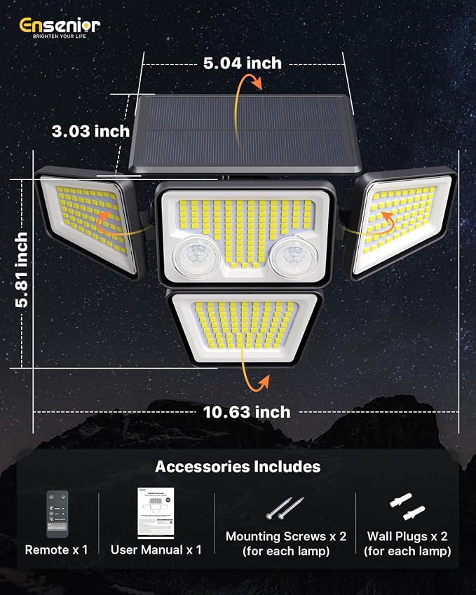 Motion Sensor Outdoor Solar Lights, Security Flood Lights 4-Head, 3 Pack | 5000LM, IP65 Waterproof, 279 LEDs, Dual Sensors, 270°Wide-Angle, 4 Modes, Remote Control, Yard, Garage, Fence, Patio