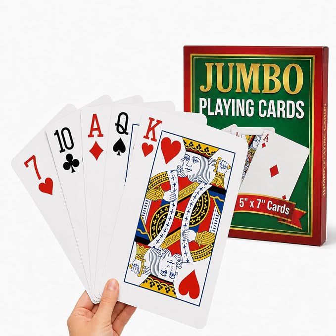 Bedwina Jumbo Playing Cards, Giant Extra Large Print Poker Playing Cards | Casino Theme Poker Party Decorations, Low Vision Gift, Family Game Night, Waterproof, Funny Oversized Deck, 5 x 7 Inch Cards