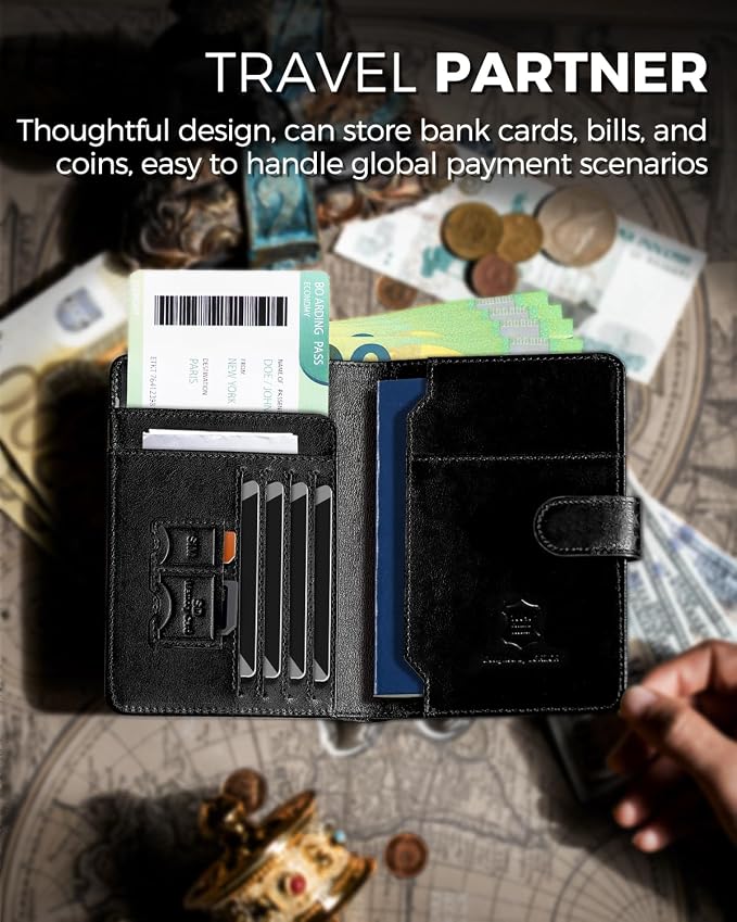 Passport Holder for Travel: Full Grain Leather Passport Cover with Airtag Holder Magnetic Buckle for Men - RFID Blocking Bifold Wallet for Air Ticket Card Cash Coin (Black)
