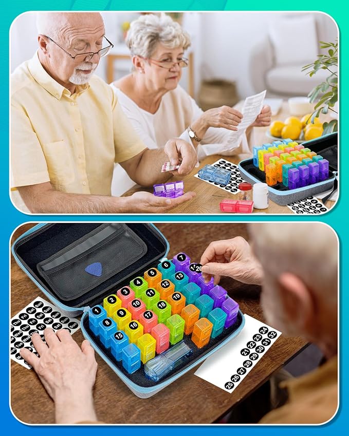 Monthly Pill Organizer 2 Times a Day with Weekly Pill Bags, Portable Hard Shell Case, Pill Cutter & Opener Pick, Monthly and Weekly Stickers for Medication Management (Blue, 3 Times a Day)