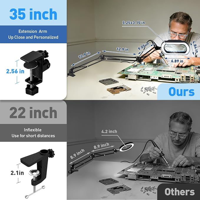 HITTI 12X Square Ultra Long Magnifying Glass with Light and Clamp | 3-Section Arm Hands-Free Lighted Stand, 5 Color Modes & Stepless Dimming LED Desk Lamp for Workbench, Modelling, Puzzle-Blue