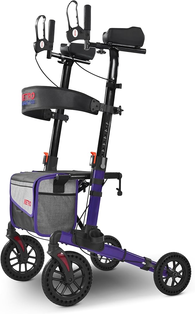 Metro Mobility Rollator Walker with Seat for Seniors, Foldable Lightweight Rolling Walker, 10" Big Front Shock-Absorbing Honeycomb Wheels for All Terrain, 300 lb. Weight Capacity, Purple
