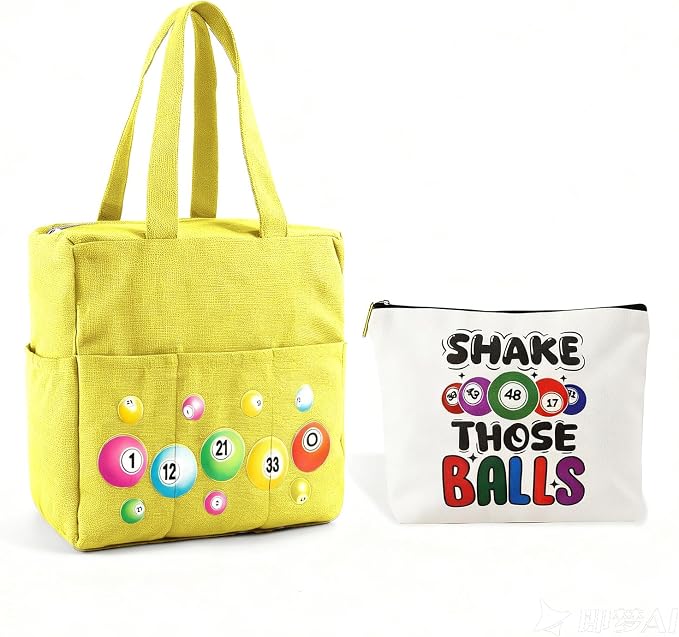 Bingo Bags with Pockets on Clearance, Bingo Bag with Zipper and Polyester Bingo Daubers Makeup Bag, Bingo Bags and Accessories Tote Gifts Game Suitable for Women and Girls (Yellow)