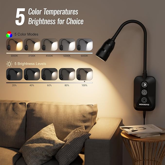 Wall Mounted Reading Light with Hand Sweep Sensor Switch, Book Light for Reading with USB Output, 5 Color & Brightness Dimmable Wall Lights for Bedroom, Wall Lamp with Flexible Neck-Black 1 Pack