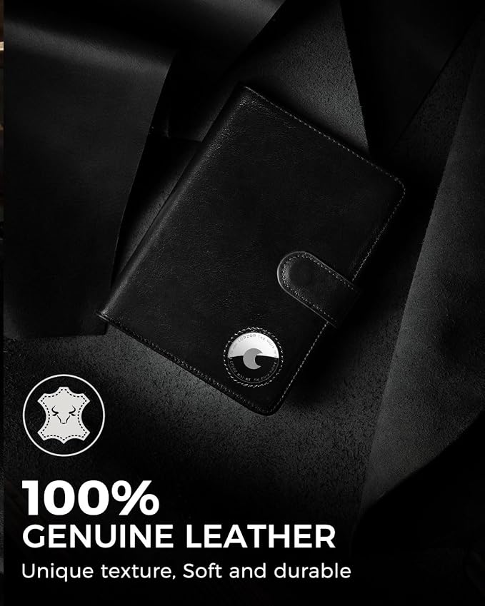 Passport Holder for Travel: Full Grain Leather Passport Cover with Airtag Holder Magnetic Buckle for Men - RFID Blocking Bifold Wallet for Air Ticket Card Cash Coin (Black)