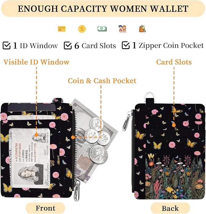 Hancynir Butterfly Flower Slim Wallet Women Credit Card Holder, Small RFID | Zipper Pocket Wallet, Thin Travel Coin Purse, PU Leather, Minimalist Card Case, 6 Card Slots, ID Window, Ladies Women Gifts
