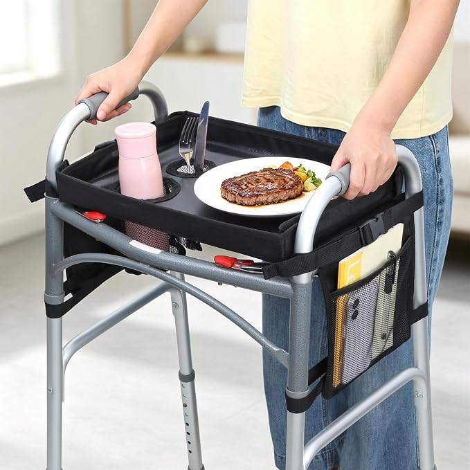 Detachable Walker Tray with Cup Holder & Side Pockets, Non-Slip Universal Table Accessory for Folding Rolling Walkers Seniors