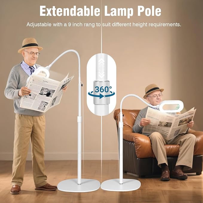 Large Magnifying Glass with Light and Stand, 15X Rectangle Optical Real Glass Lens, Height Adjustable Gooseneck Magnifier Floor Lamp, 5 Color Modes LED Dimmable Lighted Hands Free for Crafts - White