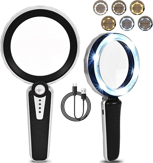 45X Magnifying Glass with Light, 1200mAh USB Rechargeable, 6 Lighted Modes, Large Handheld Magnifier for Low Vision Seniors with Macular Degeneration, Reading, Jewelry, Coins - Black