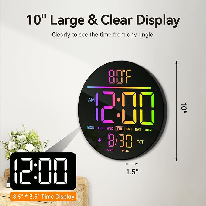 JALL 10" Large Digital Wall Clock with Seconds, Alarm Countdown Timer, Big LED Display, RGB Color, DST, Temperature, Mounted for Bedroom Living Room Office Classroom Gym, Xmas Birthday Gift, Green