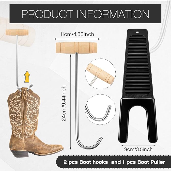 Cunhill 3 Pcs Boot Hook and Jack Set, Long Handle Cowboy Boot Puller, Stainless Steel & Wood, No Bending Required, For Seniors, Disabled, Pregnant Women, Men & Women