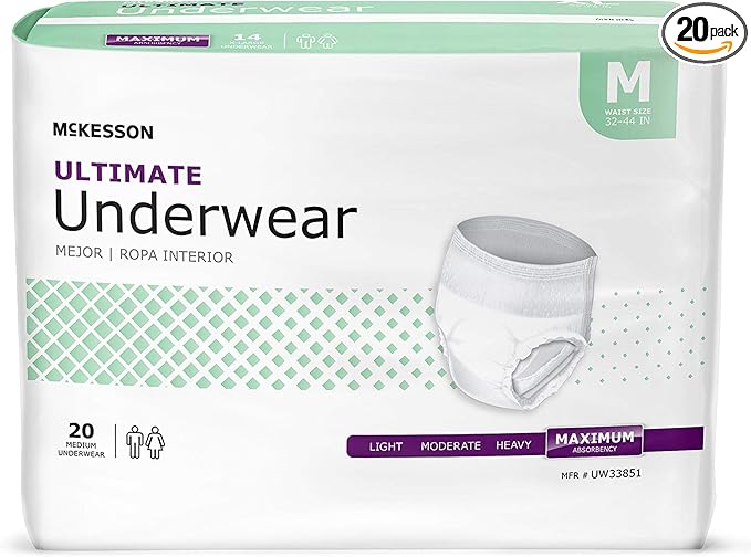 McKesson Ultimate Adult Incontinence Underwear, [20 Count], Medium, 32-44 in. Maximum Absorbency, Unisex Bladder Leak Protection, Pull-On Style with Tear-Away Sides, for Postpartum and Incontinence