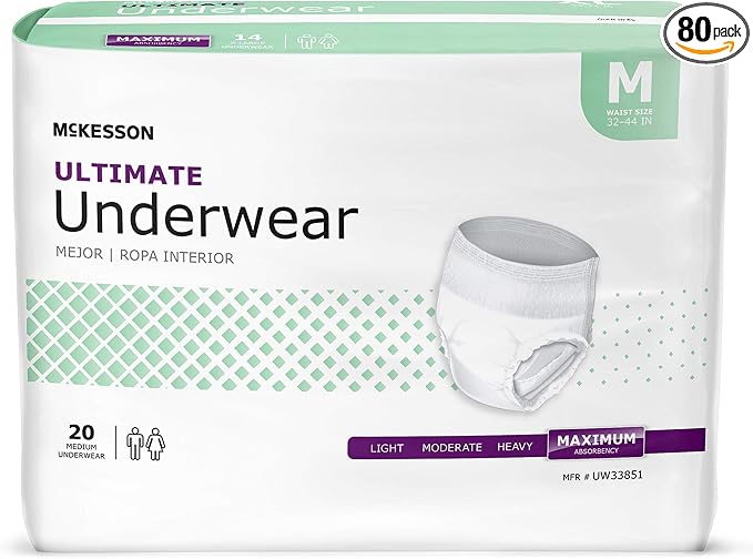 McKesson Ultimate Adult Incontinence Underwear, [80 Count], Medium, 32-44 in. Maximum Absorbency, Unisex Bladder Leak Protection, Pull-On Style with Tear-Away Sides, for Postpartum and Incontinence