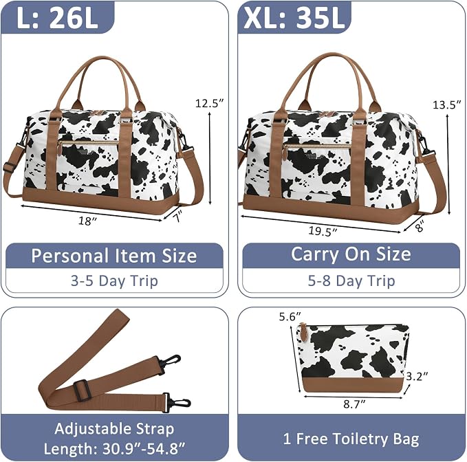 ELONGRIVER Travel Duffle Bag for Women, Weekender Bags, Hospital Bag for Labor Delivery, Lightweight Tote Duffel Overnight Bag with Luggage Sleeve, Airplane Travel Bags with Toiletry Bag, X-Large, Cow