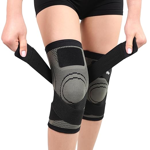 Caspe 2 Pack Knee Compression Sleeve with Strap – Knee Brace for Women & Men, Support for Running, Gym, Sports, Mild Arthritis, Pain Relief, Training, Daily Use (Gray, Medium)