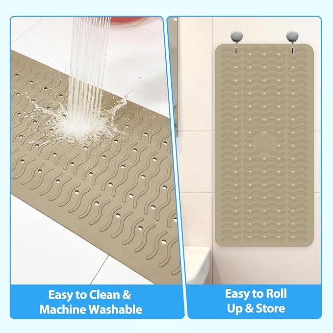 Non Slip Bathtub Mat & Shower Mat, 31x15'' Anti Slip Bath Mat for Tub, Soft TPE Anti-Skid Bathroom Mat with 194 Suction Cups & Drain Holes, Wave-Textured Grip, Machine Washable,Brown