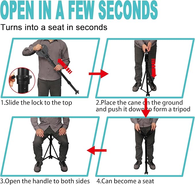 Upgraded Portable Walking Sticks with Seat,Adjustable Height 34"-37" Cane with Stool,Cane Seat，2-in-1 Foldable Walking Sticks,Lightweight Tripod Crutches Stool Capacity 550lbs for Men Women Elderly