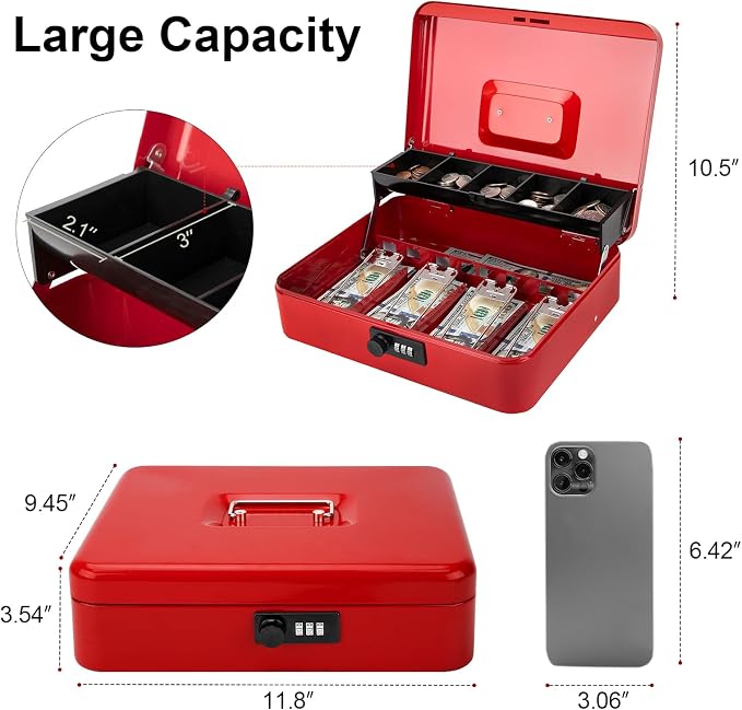 Jssmst Cash Box with Money Tray and Lock - Red Cash Box with Combination Lock Safe Money Box Large, Locking Cash Register Drawer Box, 11.8'' x 9.5'' x 3.5'', SM-CB005RED