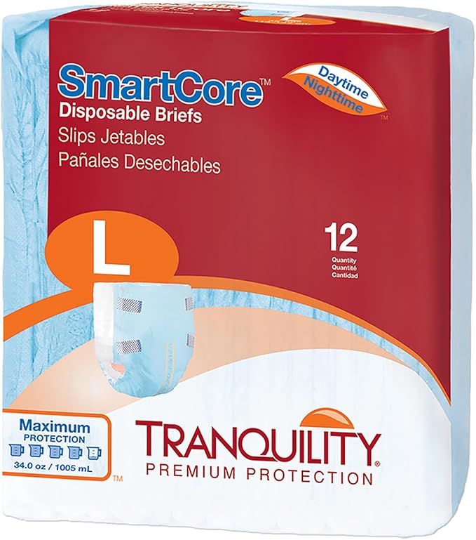 Tranquility SmartCore Adult Disposable Briefs, Incontinence Control with Breathable Kufguard Technology, Fastening Tabs & Wetness Indicator, Latex-Free, Adult Large, 34oz Capacity, 12ct Bag