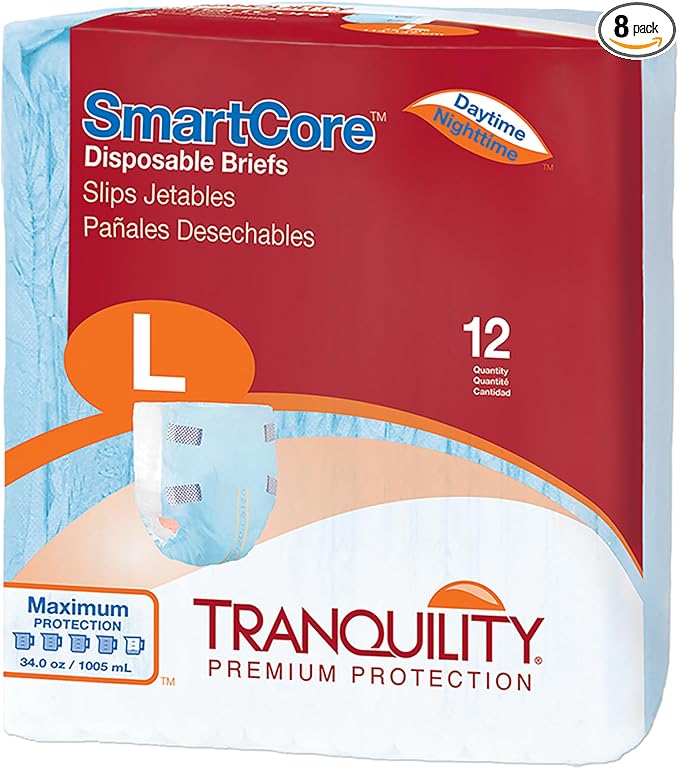 Tranquility SmartCore Adult Disposable Briefs, Incontinence Control with Breathable Kufguard Technology, Fastening Tabs & Wetness Indicator, Latex-Free, Adult Large, 34oz Capacity, 96ct Case