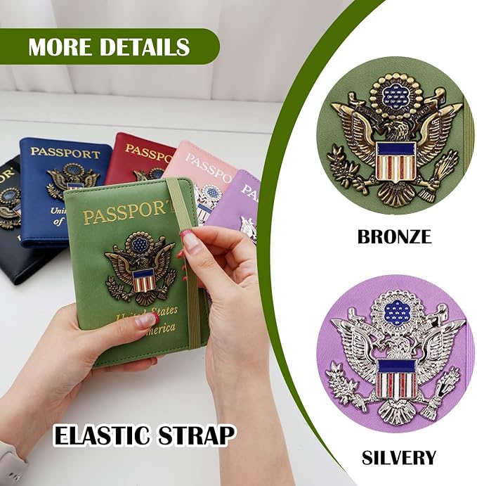 Cnycmy Passport Holder for Travel, Pu Leather Travel Wallet, RFID Blocking, Metal United States Coat of Arms, Waterproof cover for Family (Green)